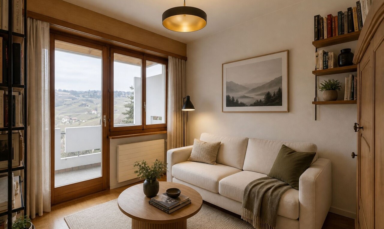 living area featuring radiator, hanging lights, and wood finished floors