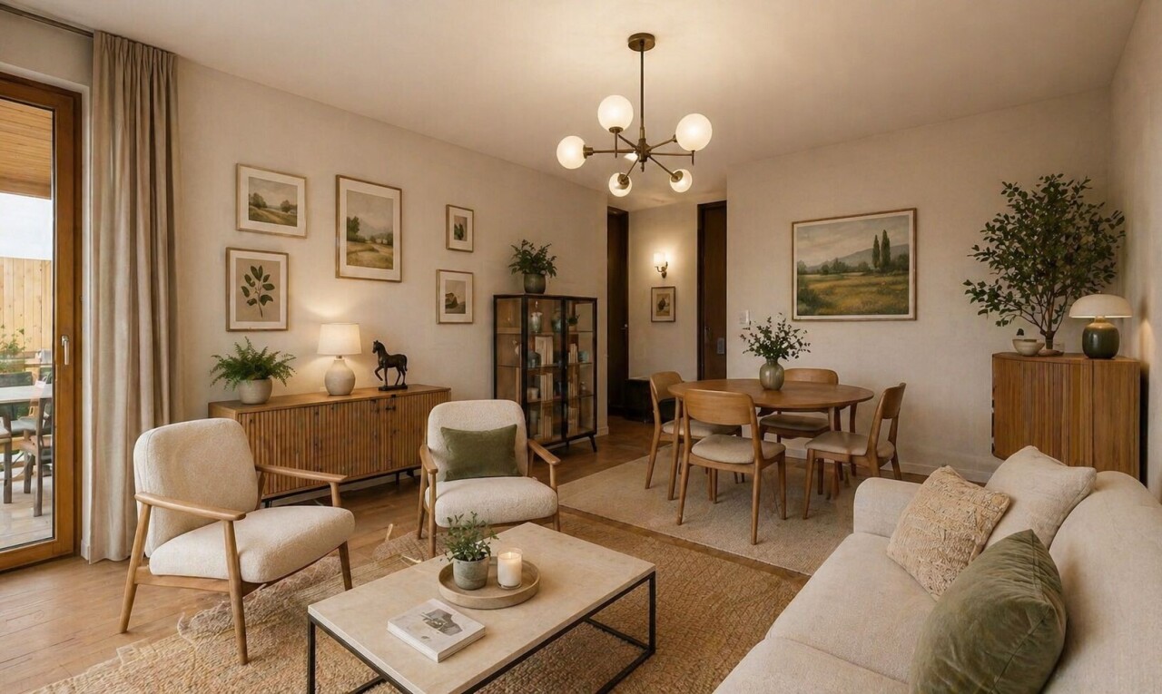 living / dining room with hanging lights