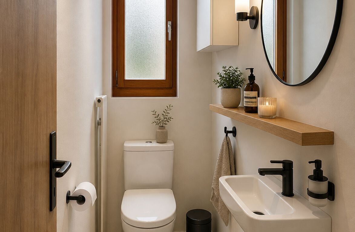half bath featuring toilet and tile walls