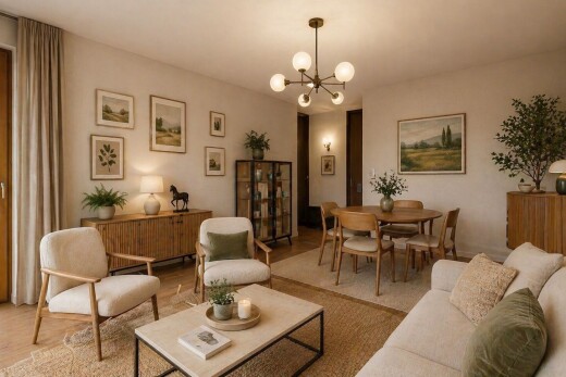living / dining room with hanging lights
