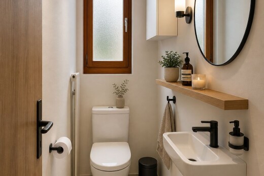 half bath featuring toilet and tile walls