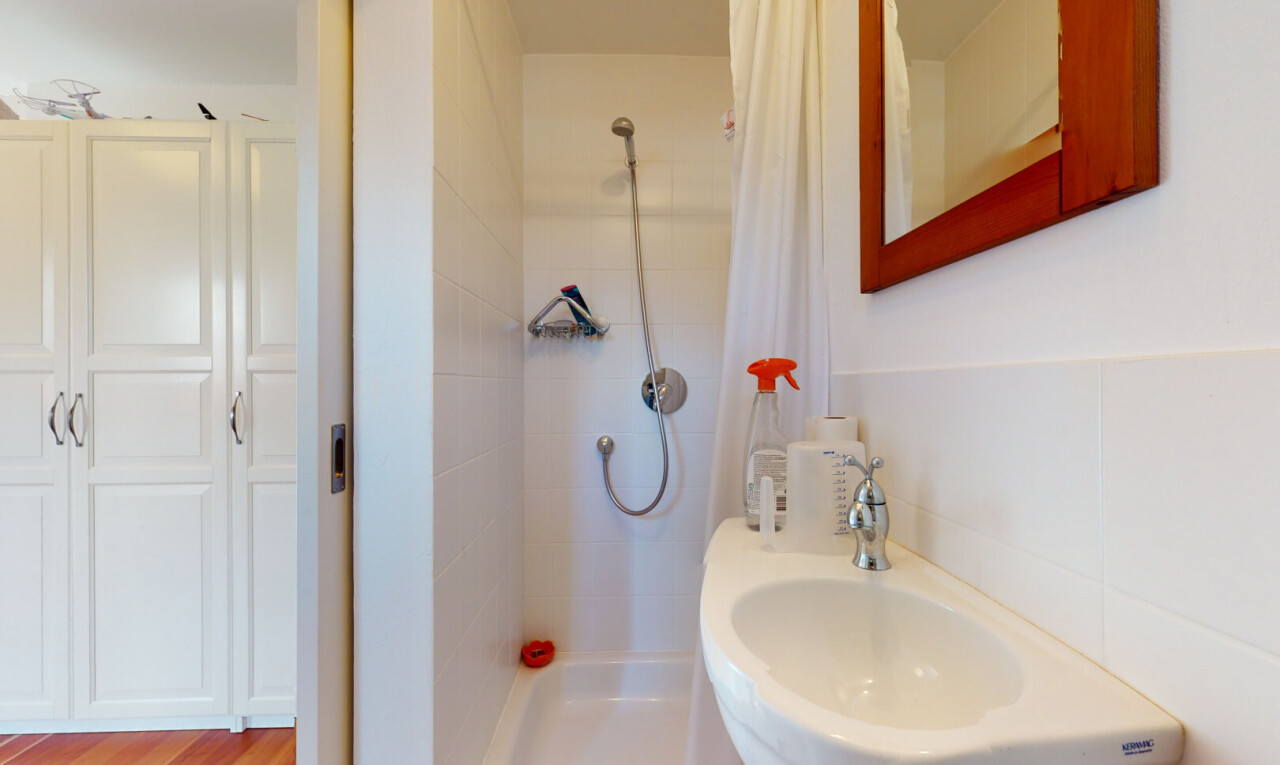 bad mit inside property, dusche, komplettes badezimmer, spiegel, und waschbecken