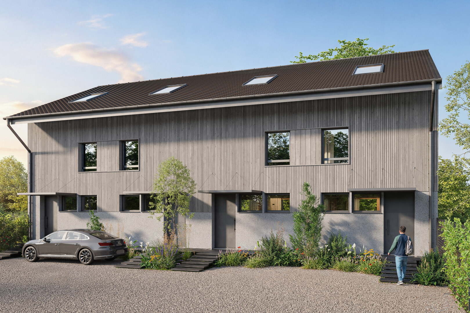 außenansicht mit vertikale verkleidung, rendered, und day time