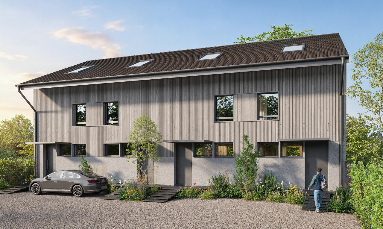 außenansicht mit vertikale verkleidung, rendered, und day time