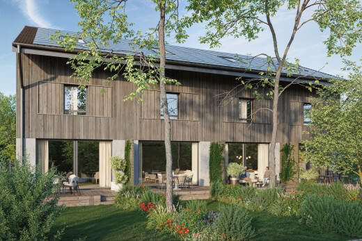 außenansicht mit holzverkleidung, property visible, vertikale verkleidung, rendered, und day time