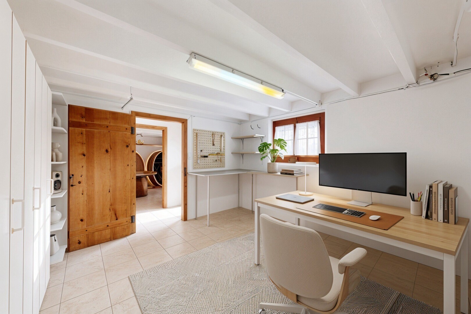 bureau avec télévision, inside property, light floor, lumière naturelle, et natural light