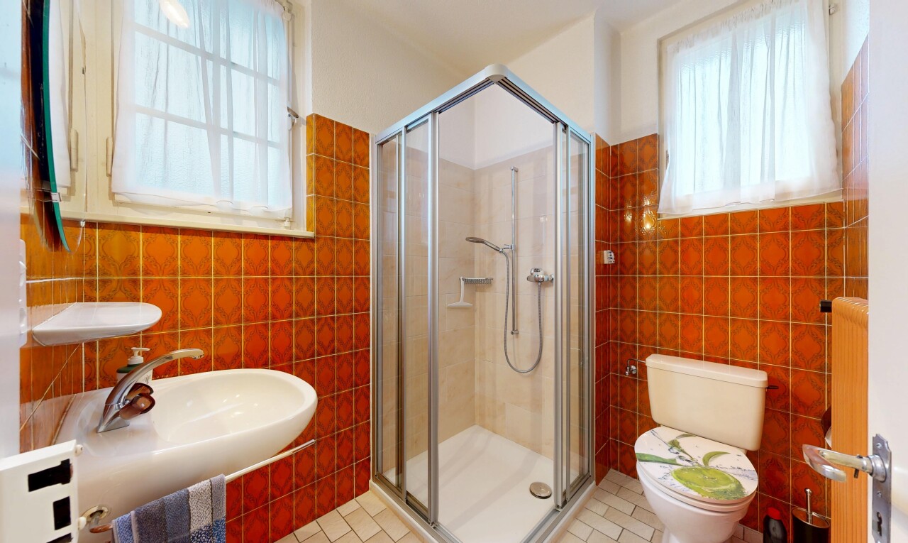 salle de bains avec mur en carrelage, tile wall, salle de bain complète, douche, et toilette