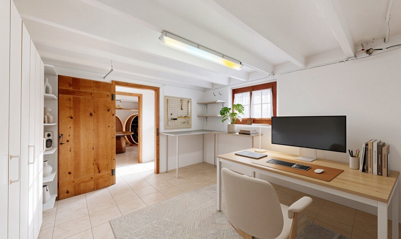 bureau avec télévision, inside property, light floor, lumière naturelle, et natural light