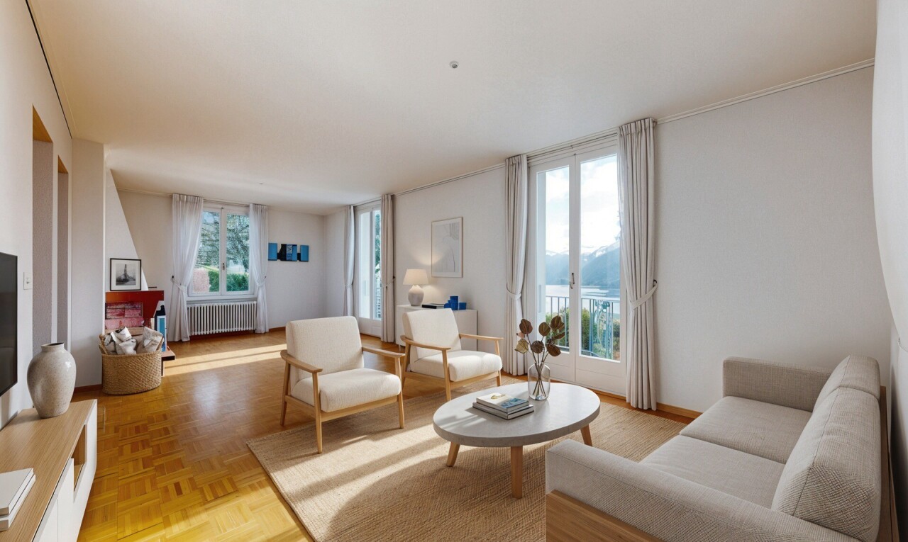 salon avec sol en finition bois, wood finish floor, cloison sèche, drywall, et parquet floor
