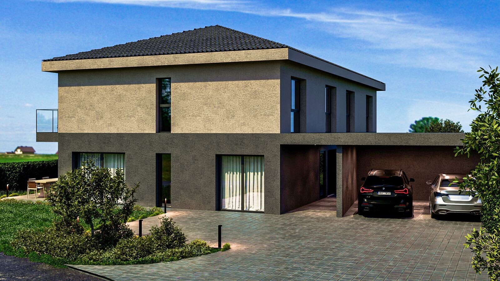 außenansicht mit rendered, stuckverkleidung, day time, und property visible