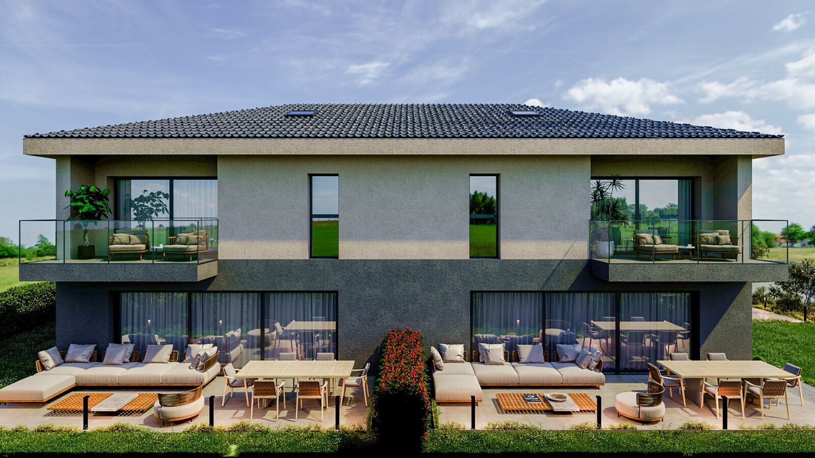 außenansicht mit stuckverkleidung, terrasse, rendered, day time, und essbereich im freien