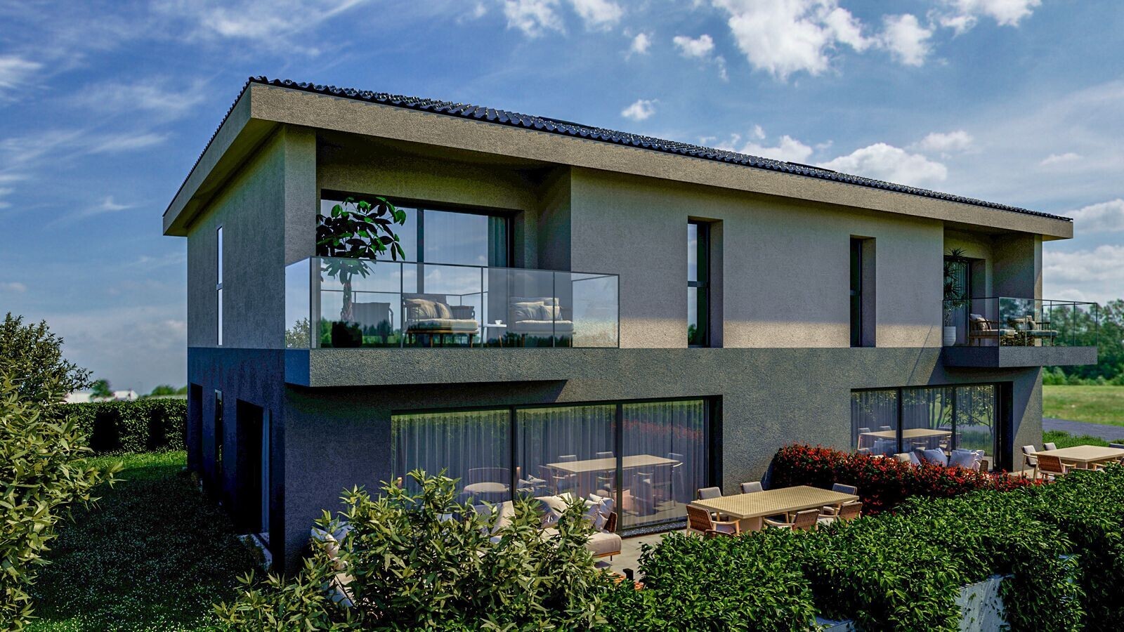 außenansicht mit day time, rendered, stuckverkleidung, property visible, und balkon