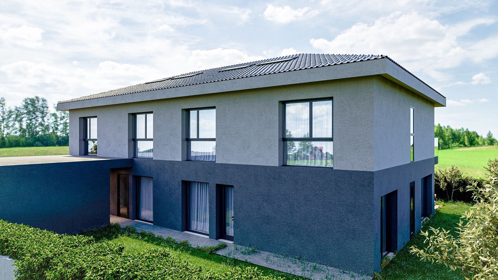außenansicht mit stuckverkleidung, rendered, day time, und ziegeldach