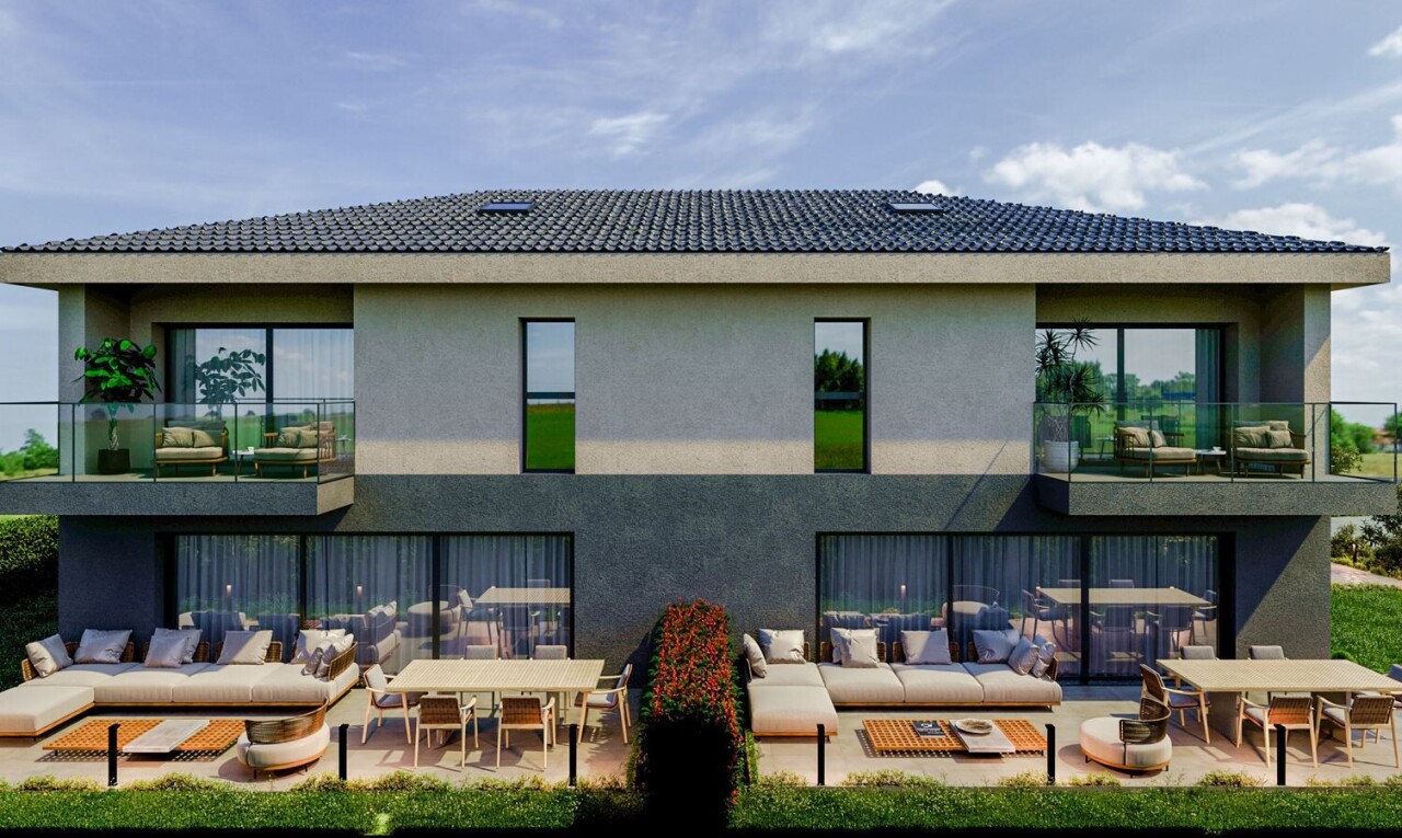 außenansicht mit stuckverkleidung, terrasse, rendered, day time, und essbereich im freien