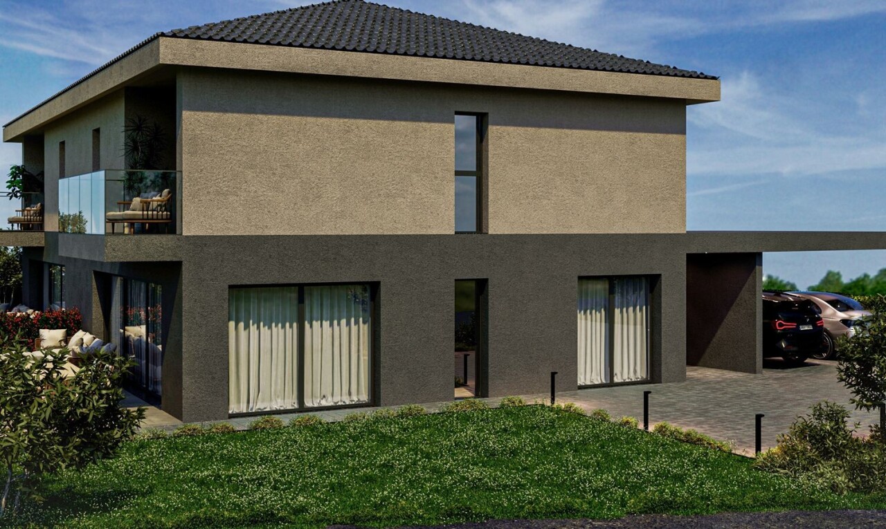 außenansicht mit stuckverkleidung, day time, rendered, property visible, und rasen