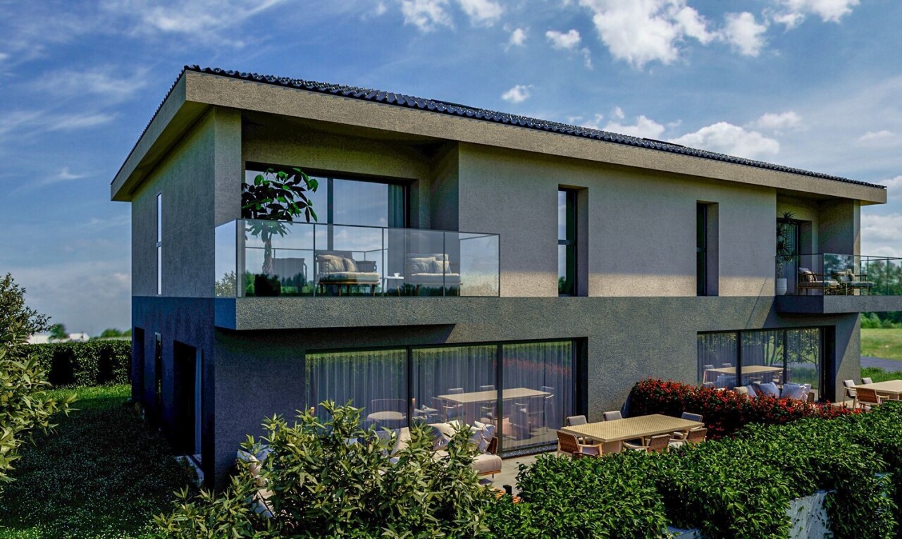 außenansicht mit day time, rendered, stuckverkleidung, property visible, und balkon