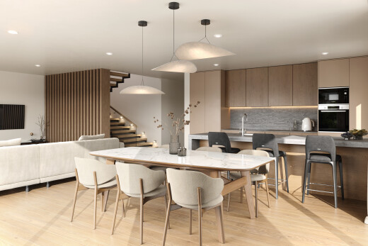 wohn- / esszimmer mit treppen, gipskartonwand, drywall, holzfußboden, und wood finish floor