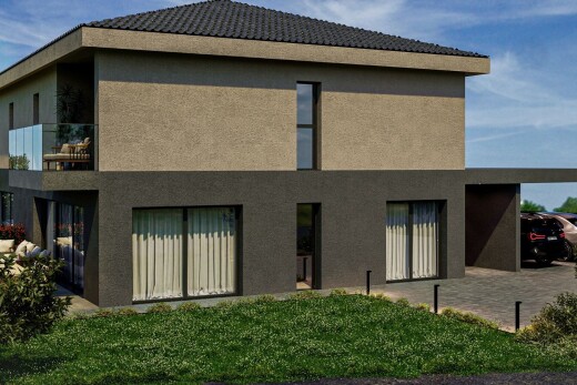 außenansicht mit stuckverkleidung, day time, rendered, property visible, und rasen