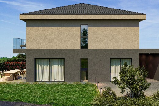 façade avec day time, bardage en stuc, rendered, property visible, et pelouse