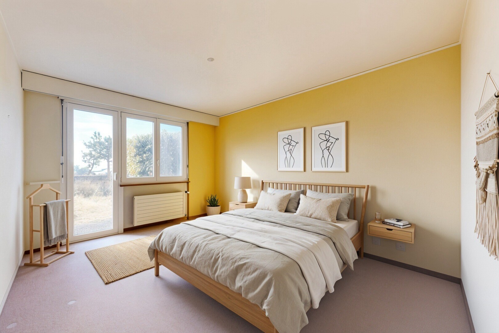zimmer / schlafzimmer mit drywall, gipskartonwand, kühler, inside property, und außenzugang
