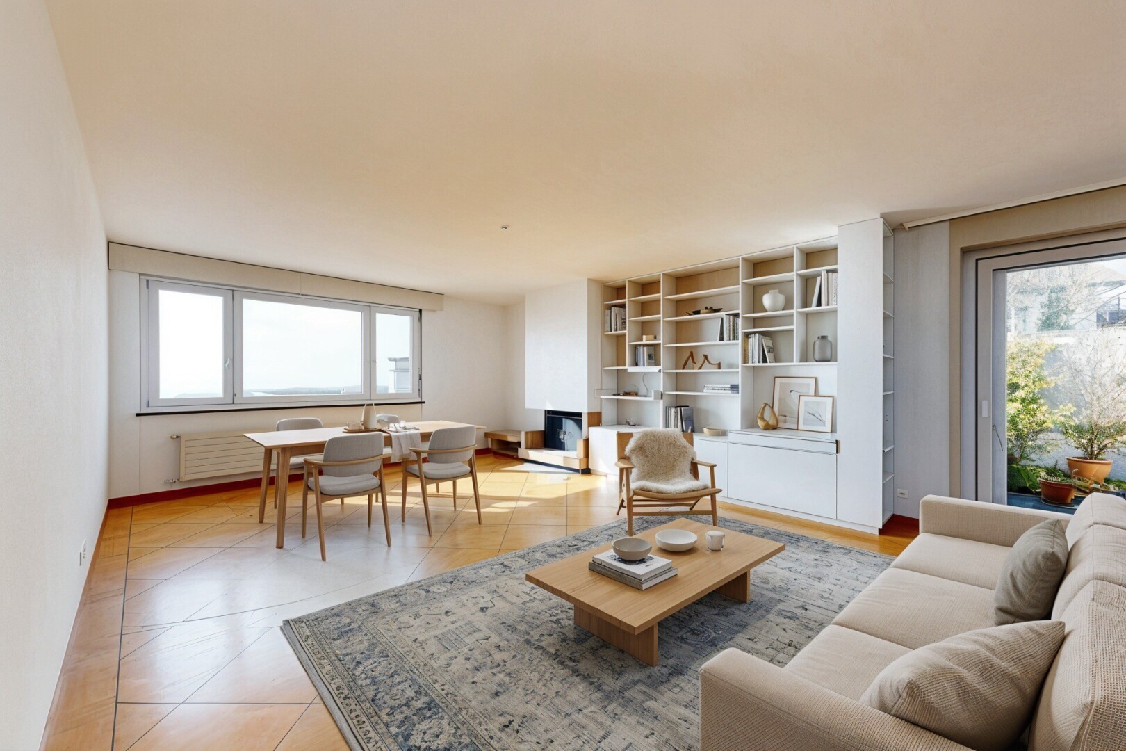 wohn- / esszimmer mit inside property, gipskartonwand, drywall, virtually staged, und light floor