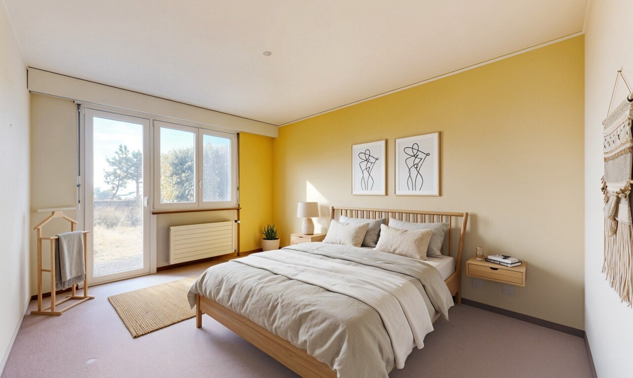 zimmer / schlafzimmer mit drywall, gipskartonwand, kühler, inside property, und außenzugang