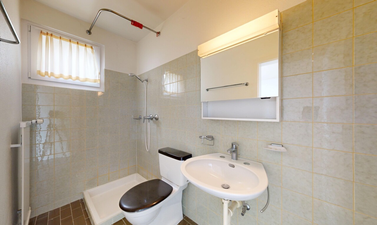 bad mit spiegel, dusche, komplettes badezimmer, toilette, und inside property