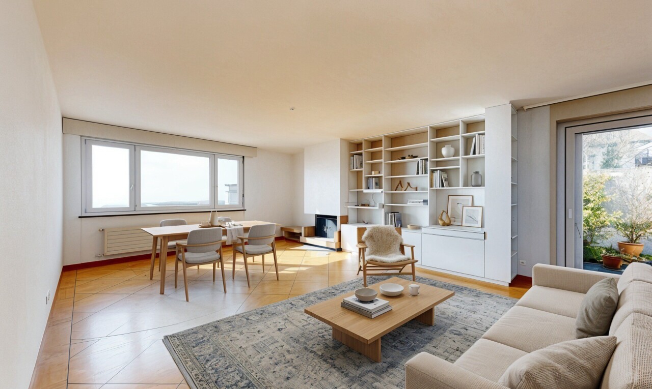 wohn- / esszimmer mit inside property, gipskartonwand, drywall, virtually staged, und light floor