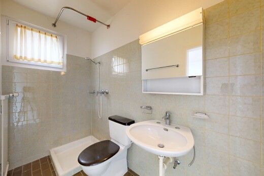 bad mit spiegel, dusche, komplettes badezimmer, toilette, und inside property