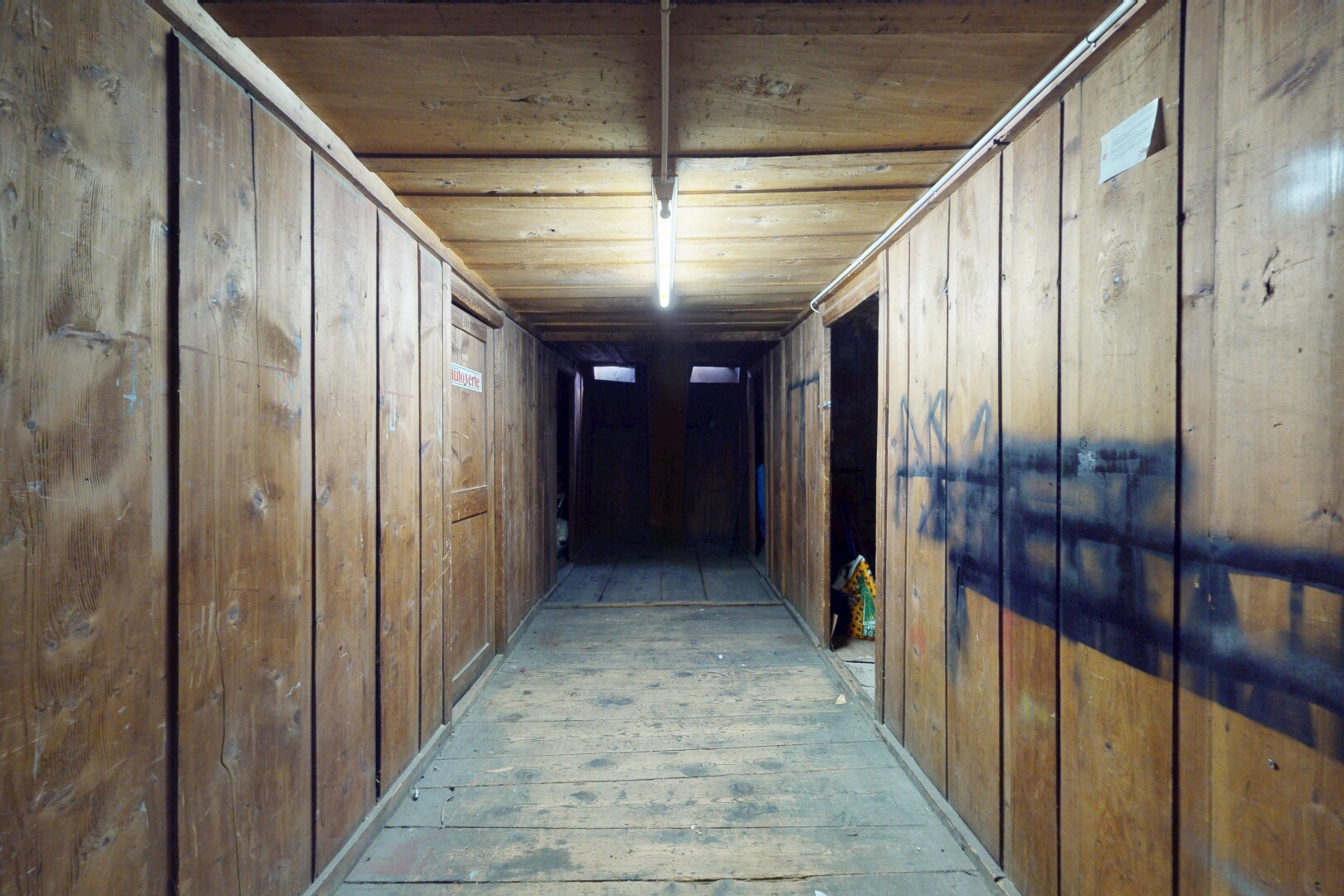 couloir avec plafond en bois et mur en bois