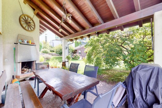 terrasse mit essbereich im freien, kamin, from property, terrasse, und grill