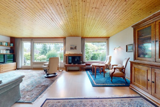 wohnzimmer mit wood ceiling, holzdecke, inside property, natural light, und natürliches licht