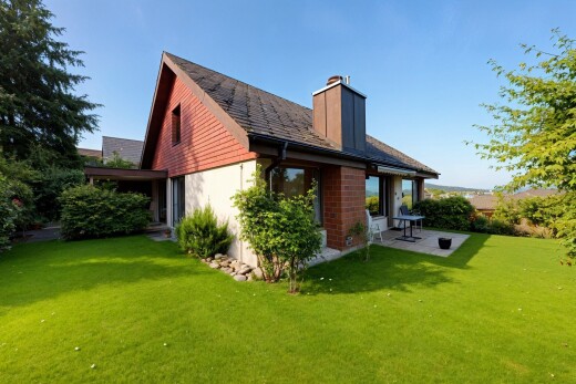 außenansicht mit day time, terrasse, rasen, property visible, und schornstein