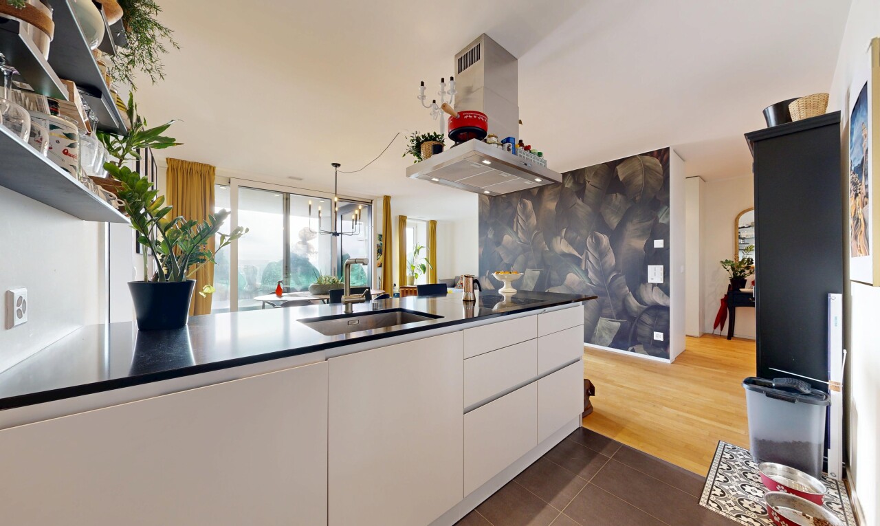 küche mit schränke mit flachen paneelen, flat panel cabinets, weiße schränke, white cabinets, und dark floor