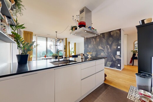 cuisine avec armoires à panneau plat, flat panel cabinets, armoires blanches, white cabinets, et dark floor