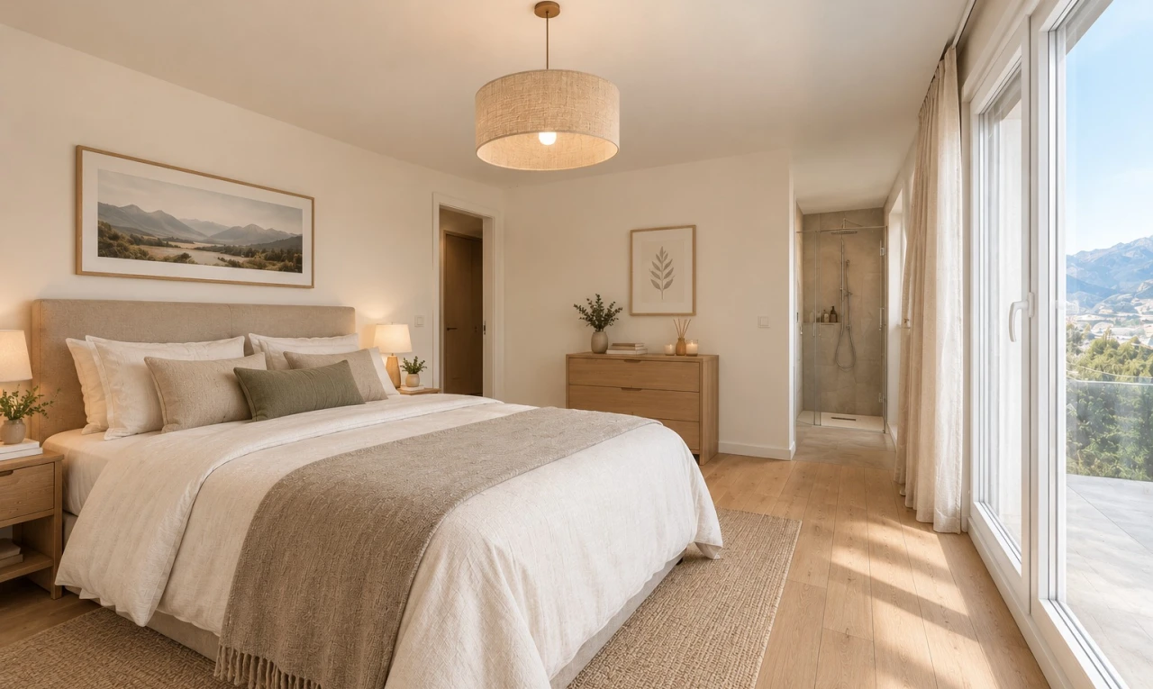 chambre avec éclairage suspendu, light floor, virtually staged, inside property, et drywall
