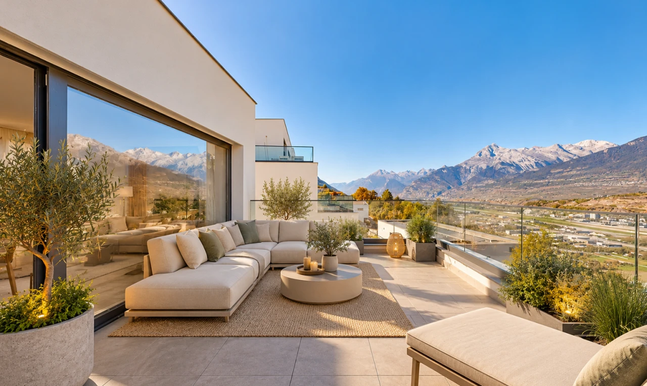 terrasse avec vue sur la montagne, mountain view, view focus, terrasse, et day time