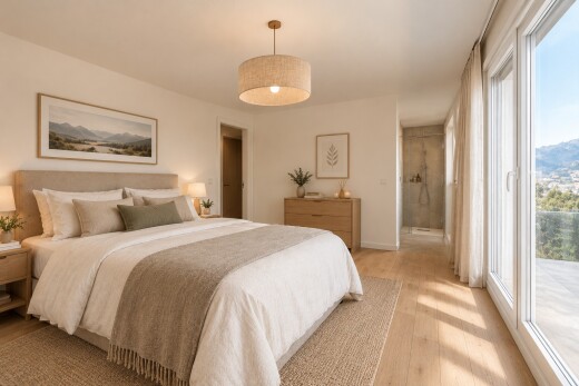 chambre avec éclairage suspendu, light floor, virtually staged, inside property, et drywall