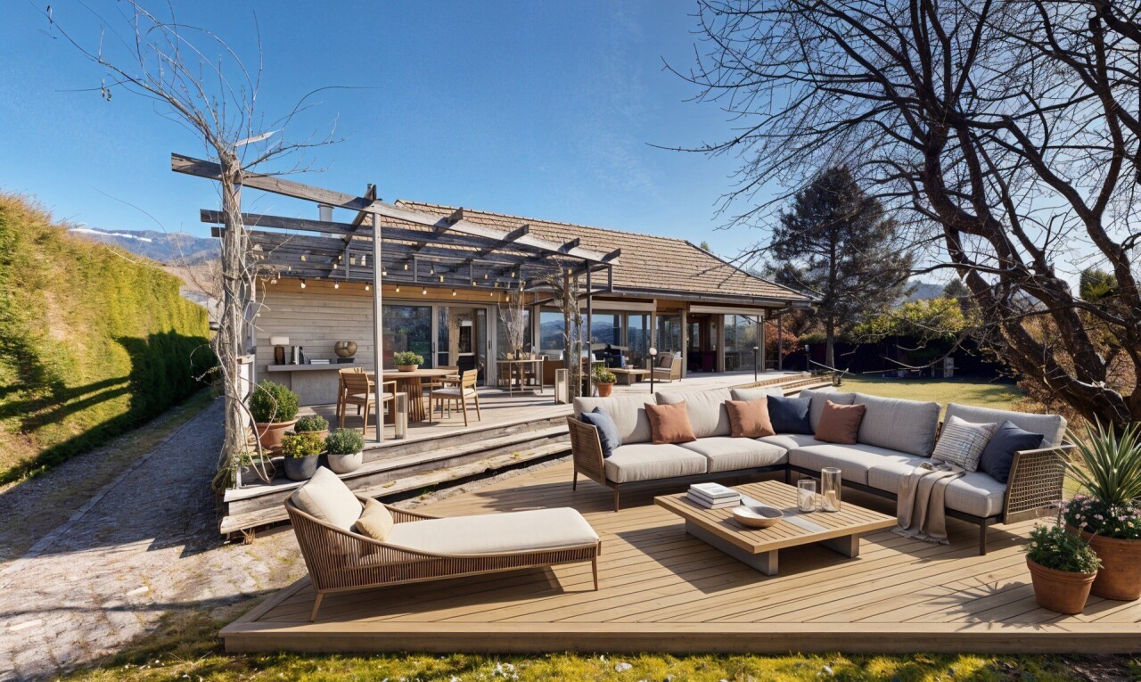 terrasse avec pergola, terrasse, day time, property visible, et espace de vie extérieur