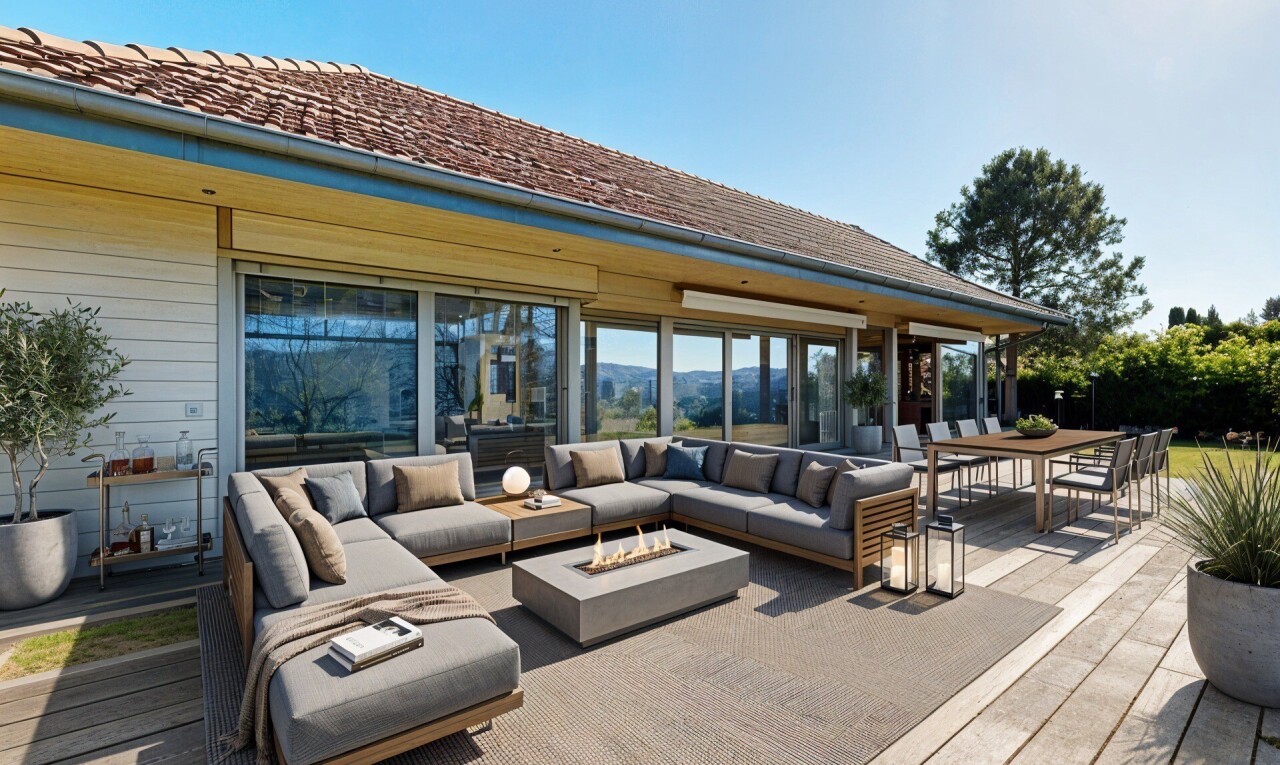terrasse avec terrasse, day time, coin repas extérieur, et from property