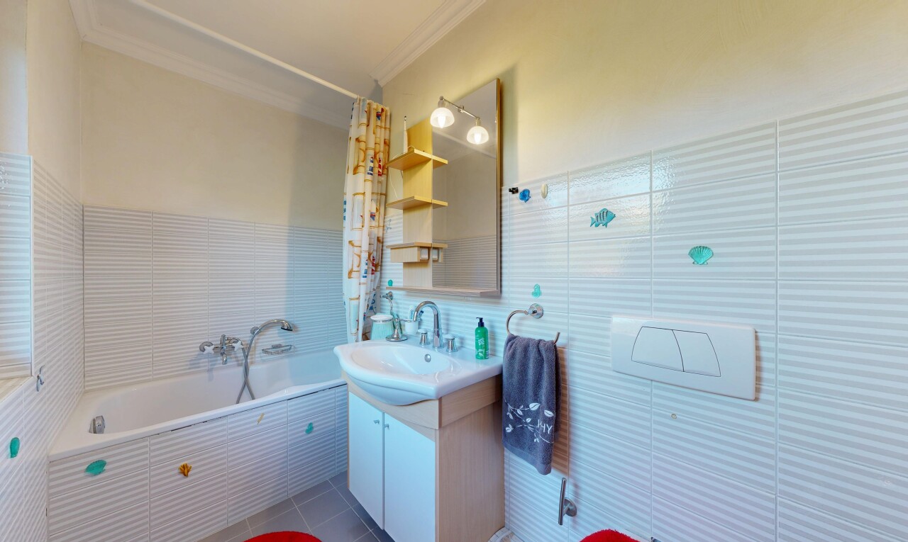salle de bains avec salle de bain complète, lavabo (ou coiffeuse selon le contexte), bidet, miroir, et crown molding