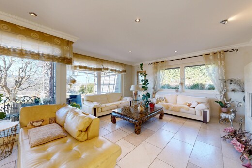 salon avec moulures, crown molding, inside property, lumière naturelle, et natural light