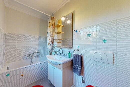 salle de bains avec salle de bain complète, lavabo (ou coiffeuse selon le contexte), bidet, miroir, et crown molding