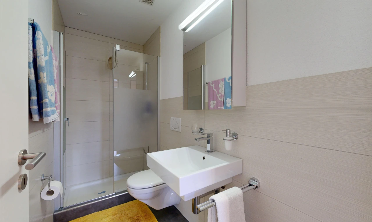 bathroom with a shower stall and a sink