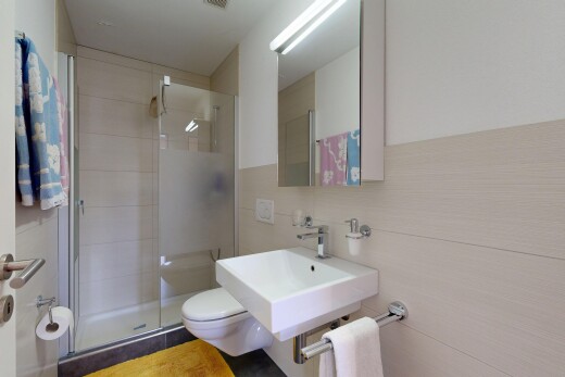 salle de bains avec douche, salle de bain complète, miroir, évier, et inside property