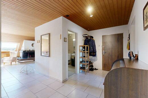 wohnzimmer mit holzdecke, wood ceiling, inside property, fliesenboden, und tile floor