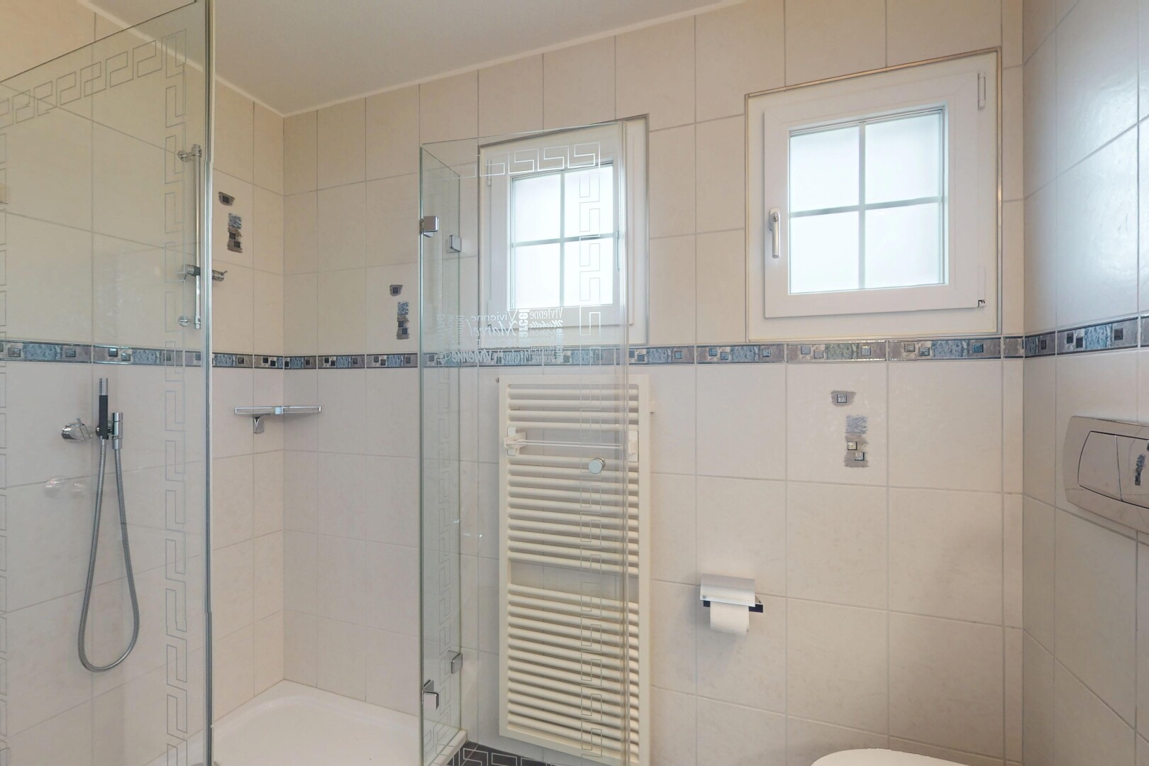 salle de bains avec radiateur, salle de bain complète, natural light, lumière naturelle, et douche