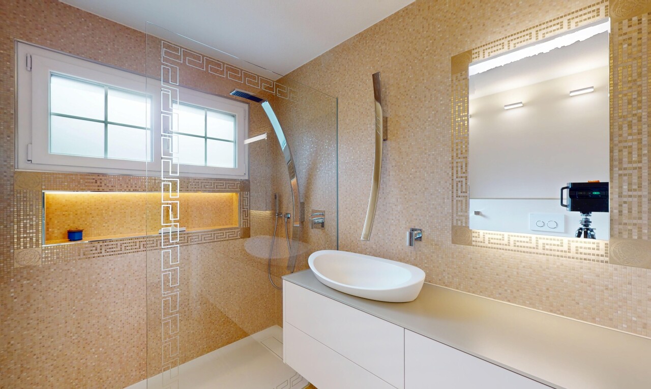salle de bains avec lavabo (ou coiffeuse selon le contexte), douche, miroir, salle de bain complète, et lumière naturelle