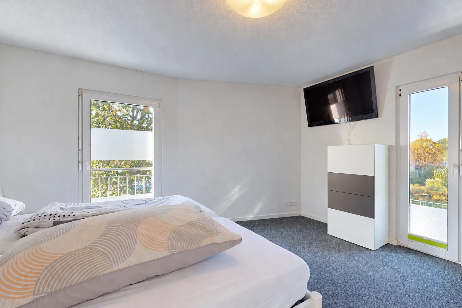 chambre avec accès à l'extérieur, télévision, drywall, cloison sèche, et carpet