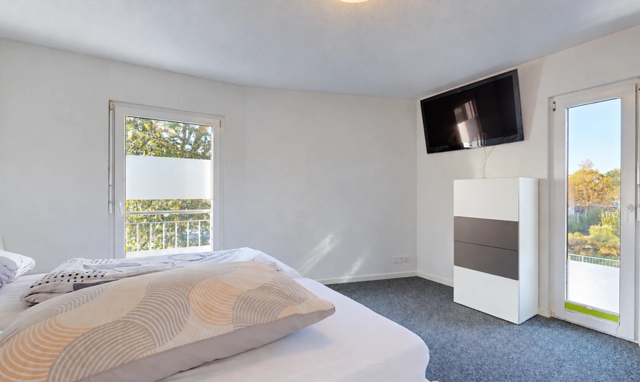 chambre avec accès à l'extérieur, télévision, drywall, cloison sèche, et carpet